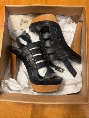 Joie Black Leather Strappy Platform Sandals with Tan Suede Platform